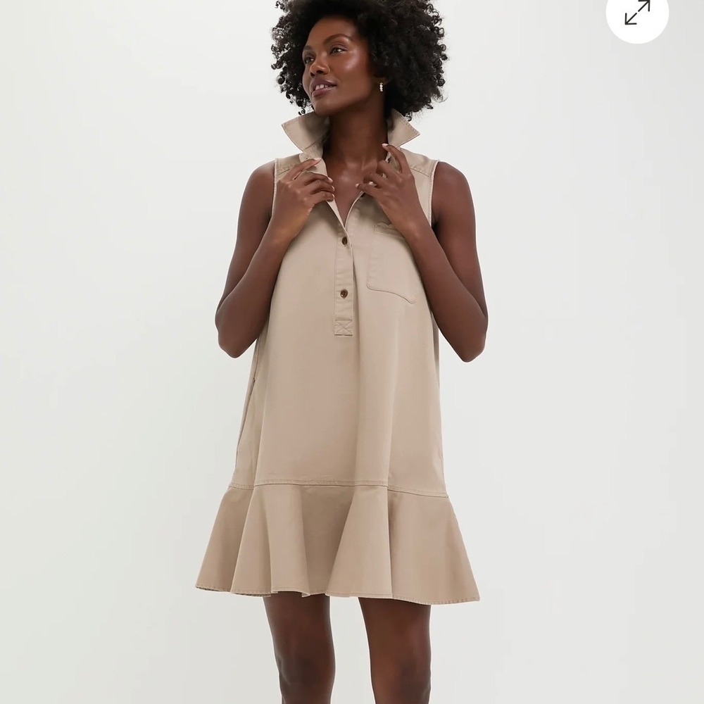 Tuckernuck Khaki Sleeveless Scallop Pocket Callahan Dress XS Mini Flounce Hem